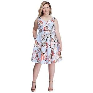 Lane Bryant Size 26 Blue Tropical V Neck Brush Stroke Sleeveless Belted Dress